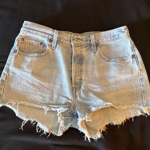 Levi's 501 Light Blue High-Rise Frayed Denim Shorts